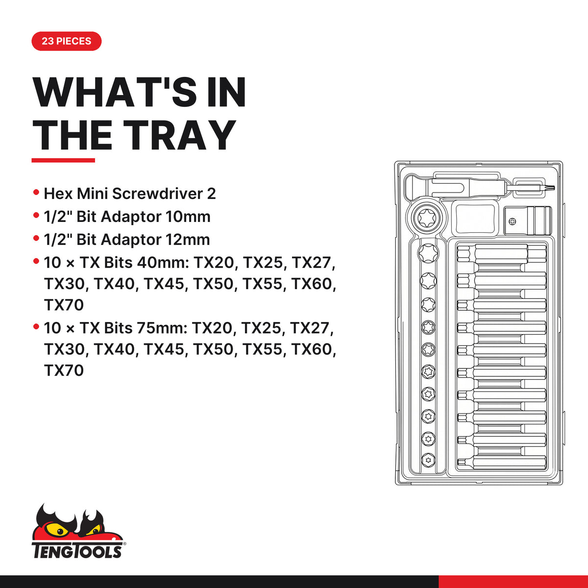 Teng Tools TTTX23 1/2" TX Bit Socket Set TT1 23 Pieces, what's in the tray