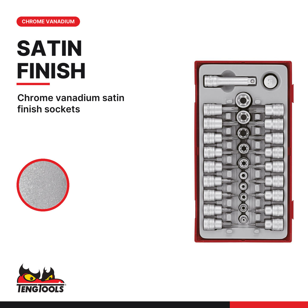 Teng Tools TTTX30 3/8" TX Bit Socket Set TT1 30 Pieces, chrome vanadium satin finish sockets