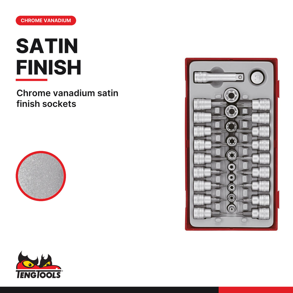 Teng Tools TTTX30 3/8" TX Bit Socket Set TT1 30 Pieces, chrome vanadium satin finish sockets