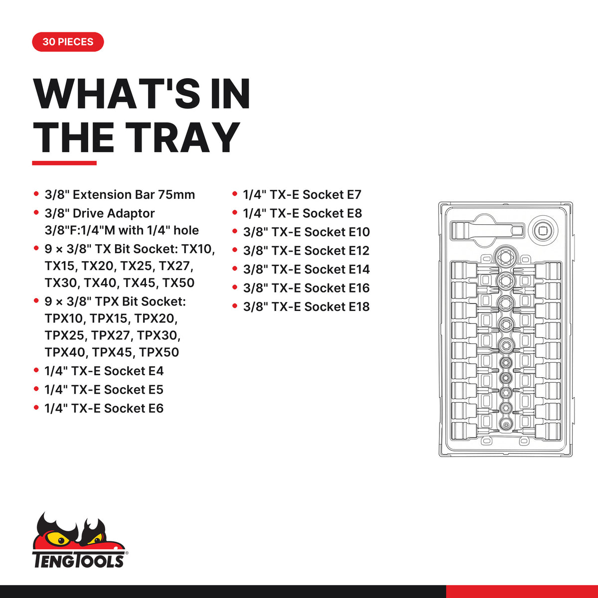 Teng Tools TTTX30 3/8" TX Bit Socket Set TT1 30 Pieces, what's in the tray