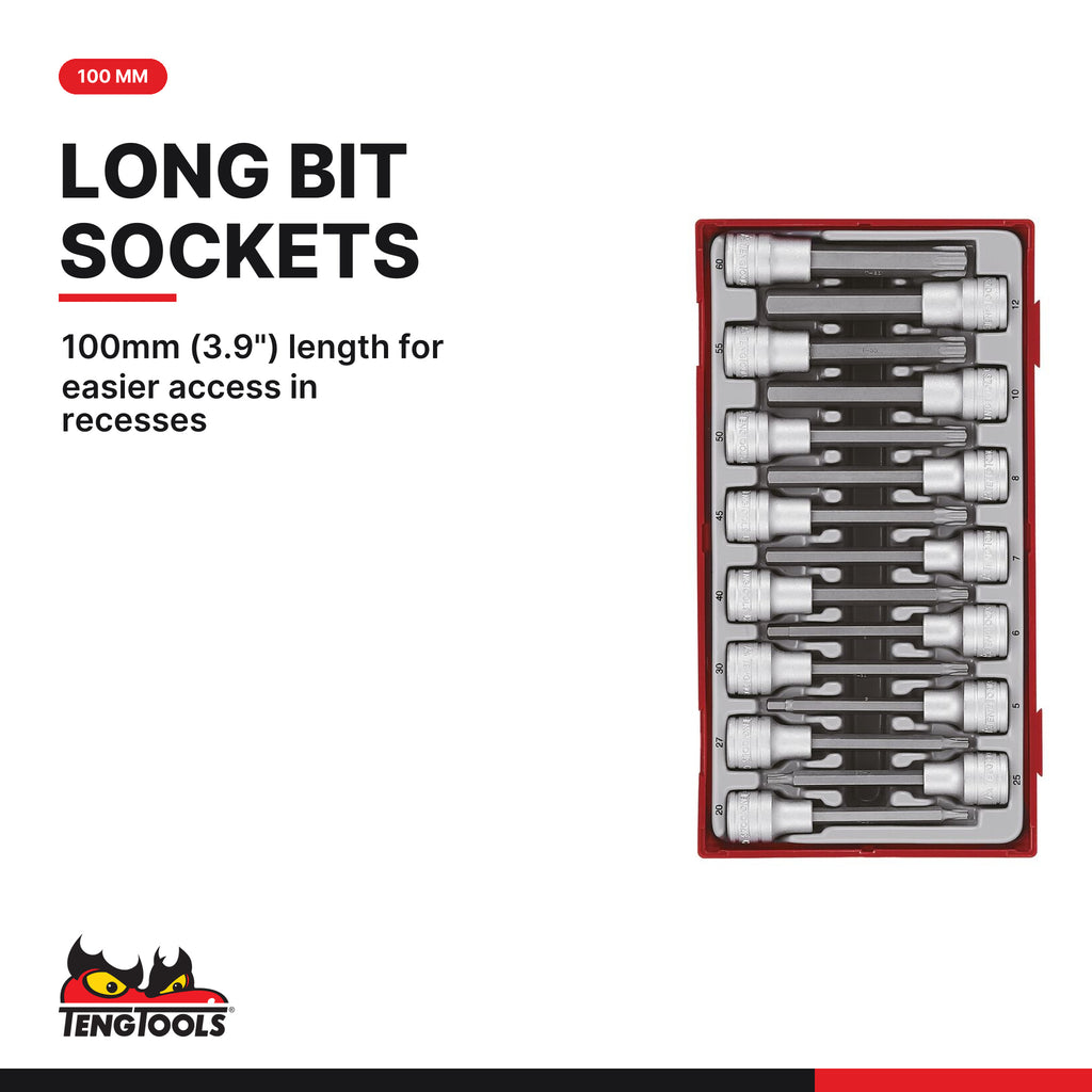 Teng Tools TTTXH15 1/2" Long Hex & TX Bit Socket Set TT1 15 Pieces, 100mm (3.9") length for easier access in recesses
