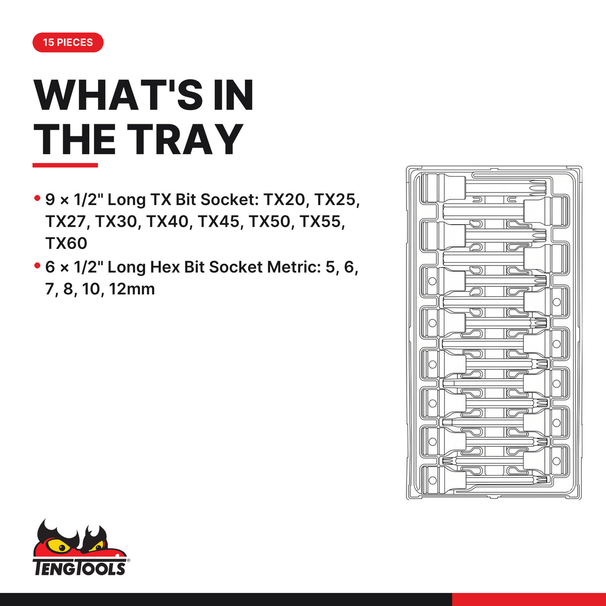 Teng Tools TTTXH15 1/2" Long Hex & TX Bit Socket Set TT1 15 Pieces, what's in the tray