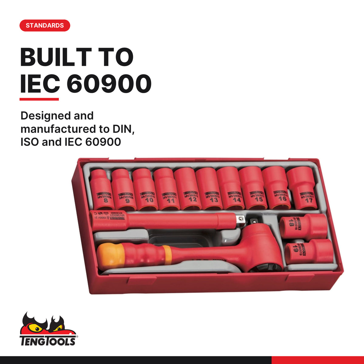 Teng Tools TTV3814 3/8" Insulated Socket Set TT1 14 Pieces, designed and manufactured to din, iso and iec 60900