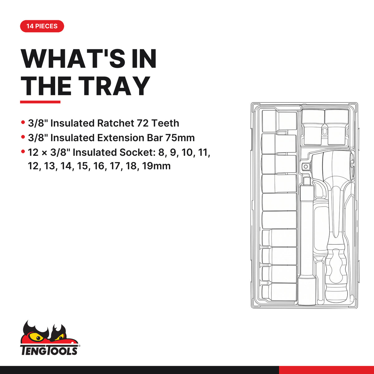 Teng Tools TTV3814 3/8" Insulated Socket Set TT1 14 Pieces, what's in the tray