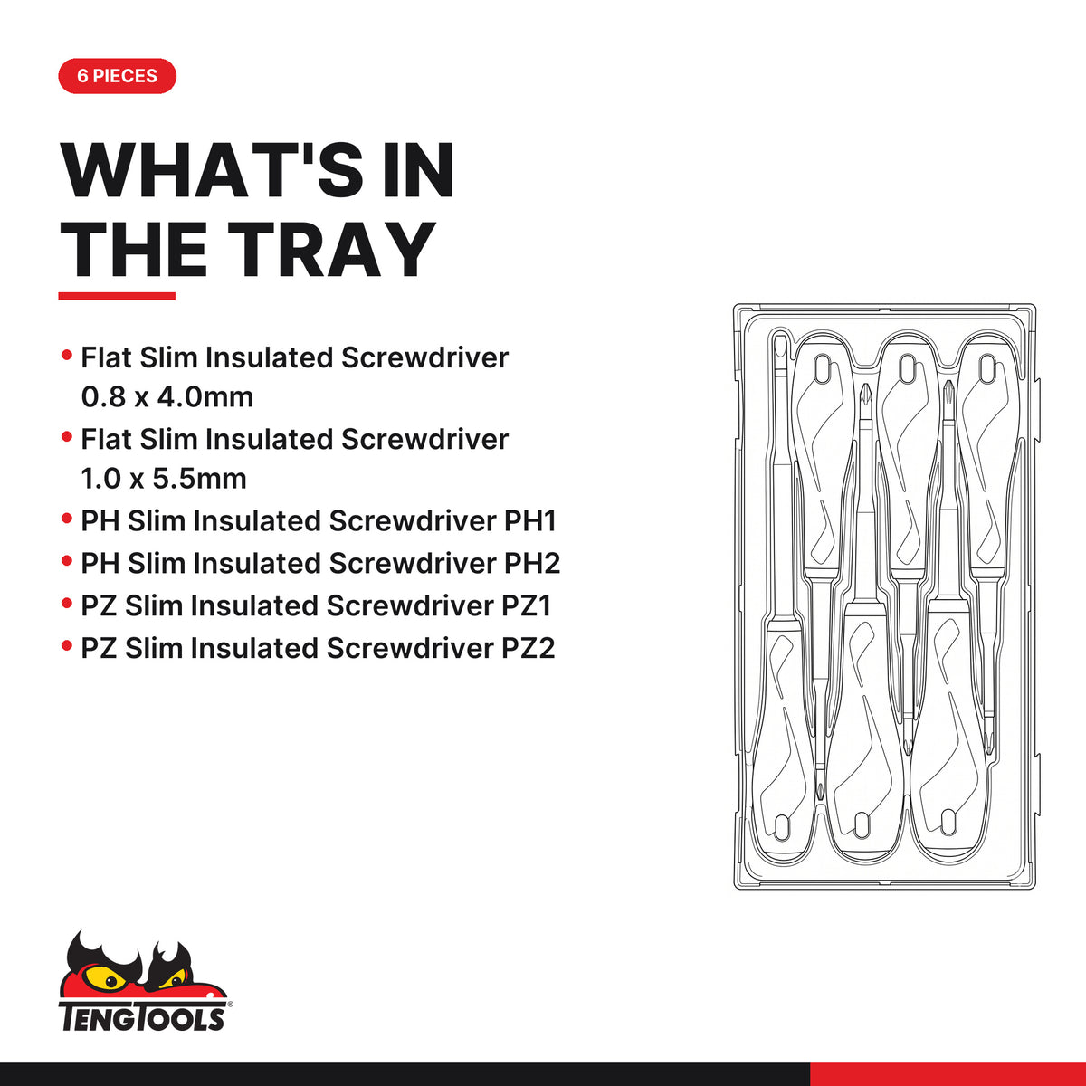 Teng Tools TTV706N Insulated Screwdriver Set Mixed TT1 6 Pieces, what's in the tray