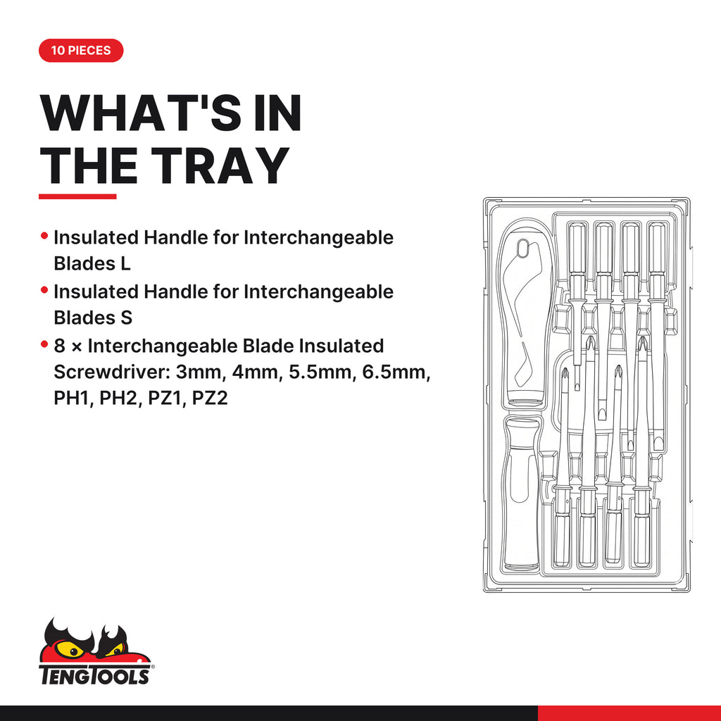 Teng Tools TTV710N Insulated Screwdriver Set Interchangeable Blades TT1 10 Pieces, what's in the tray
