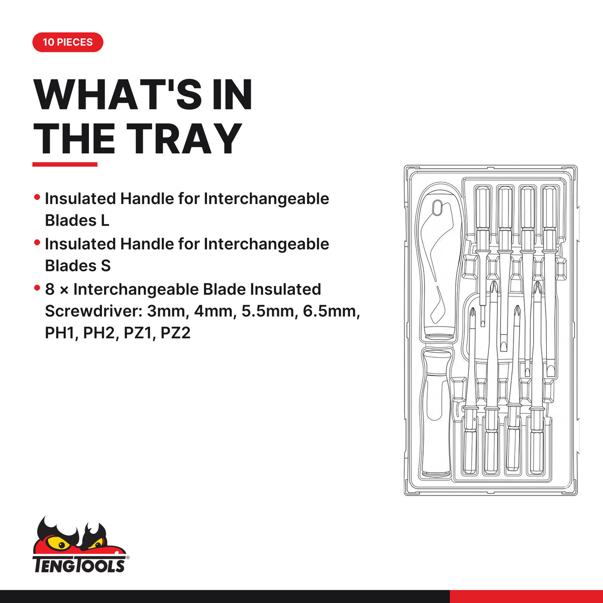 Teng Tools TTV710N Insulated Screwdriver Set Interchangeable Blades TT1 10 Pieces, what's in the tray