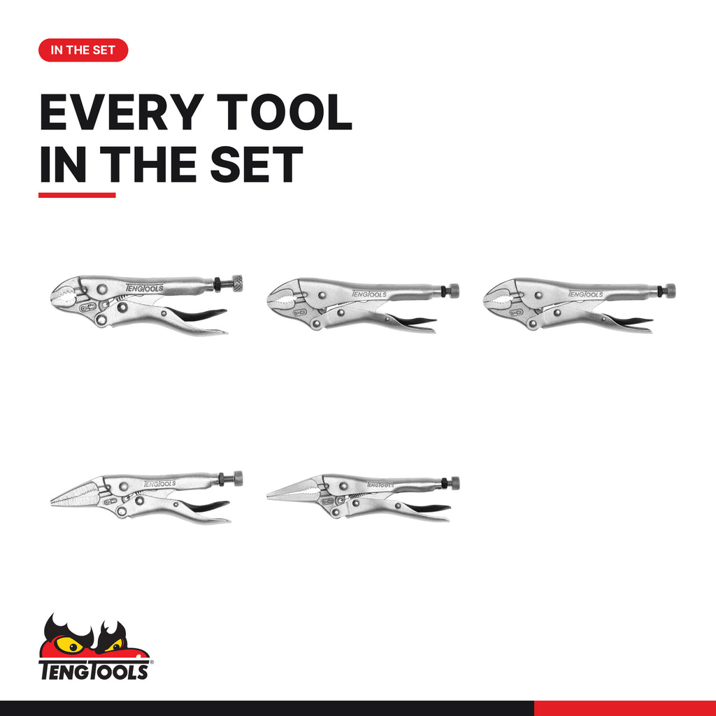 Teng Tools TTVG05 Power Grip Plier Set TT1 5 Pieces, every tool in the set