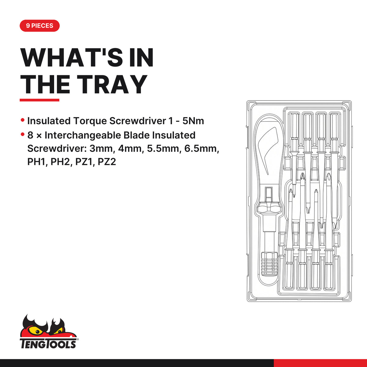 Teng Tools TTVSD09 Insulated Torque Screwdriver Set TT1 9 Pieces, what's in the tray