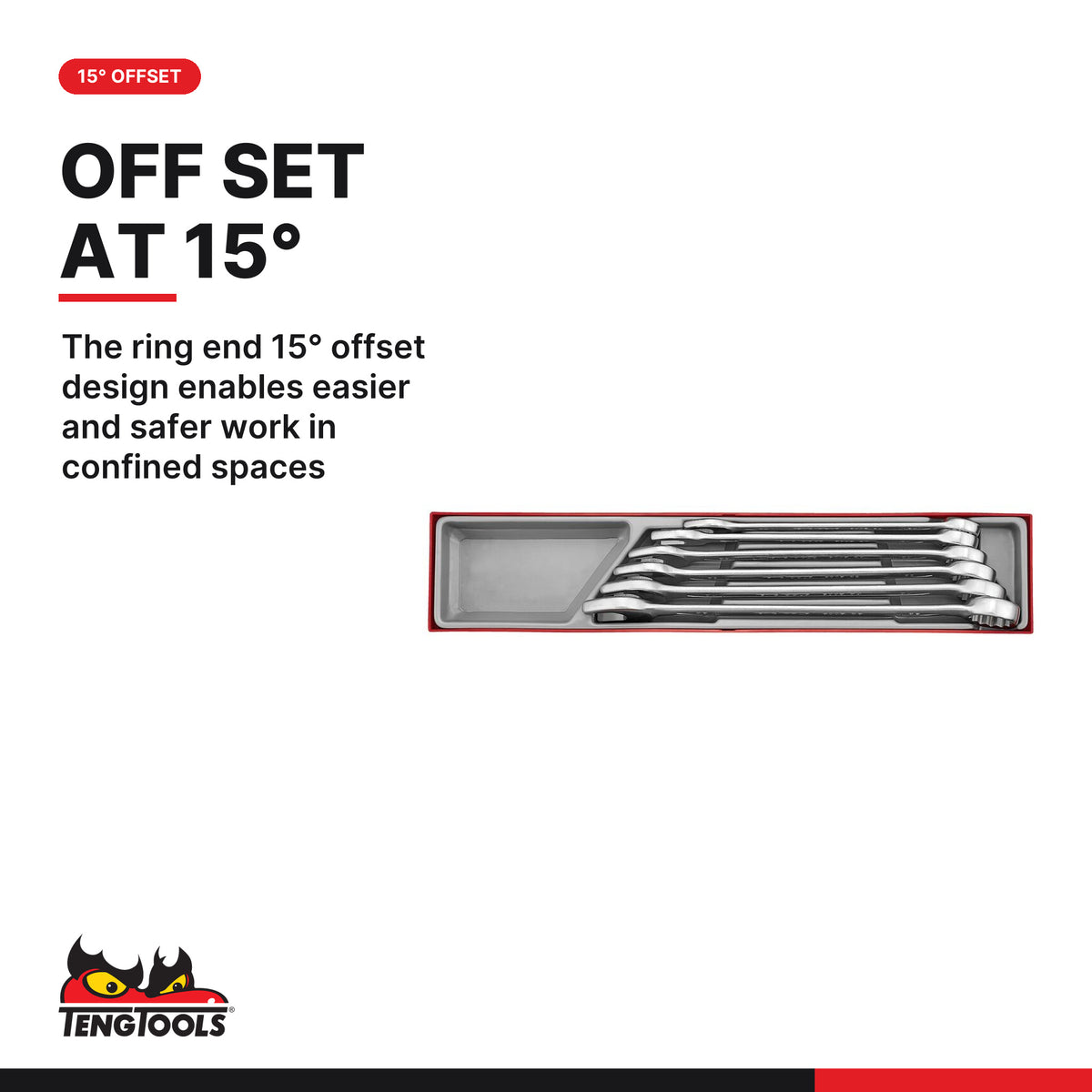 Teng Tools TTX2436 Metric combination spanner set 6 pieces, the ring end 15° offset design enables easier and safer work in c