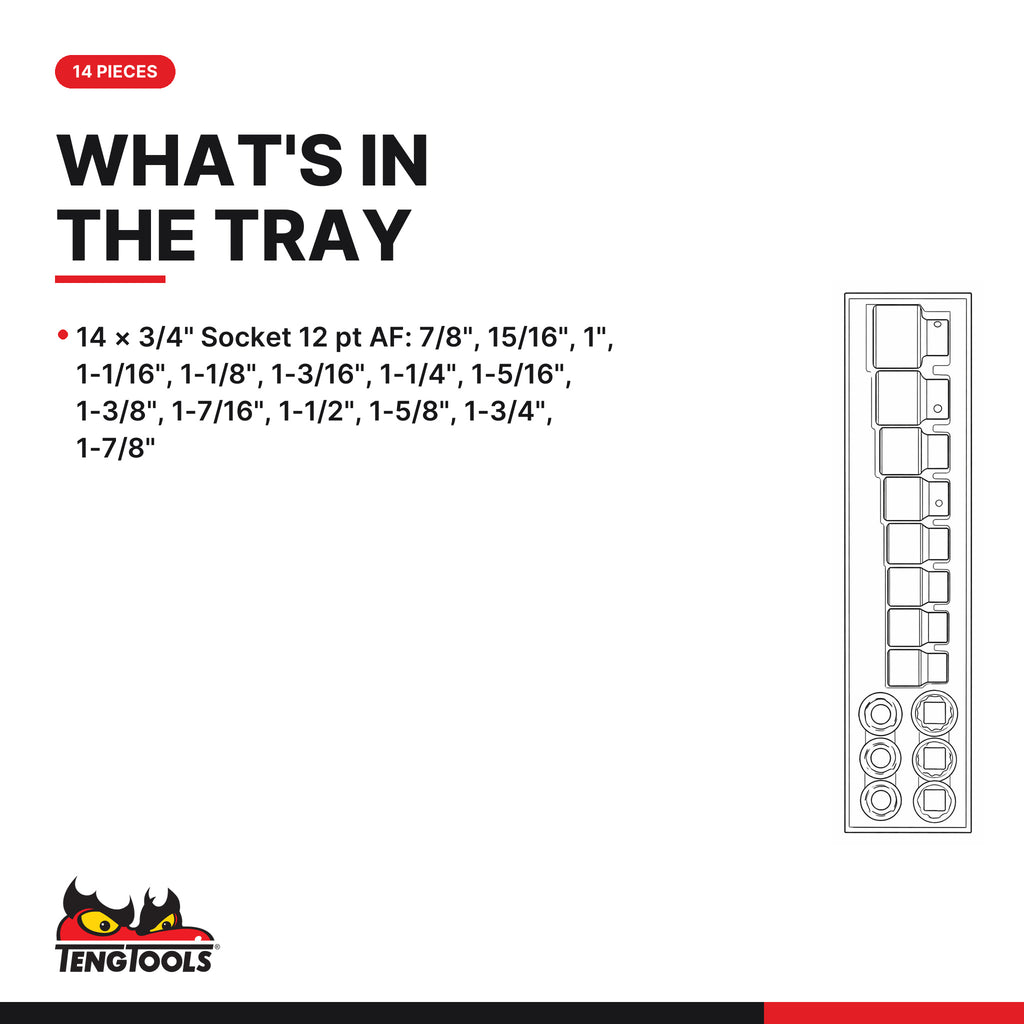 Teng Tools TTX34AF 3/4" Socket Set 12 pt AF TTX4 14 Pieces, what's in the tray