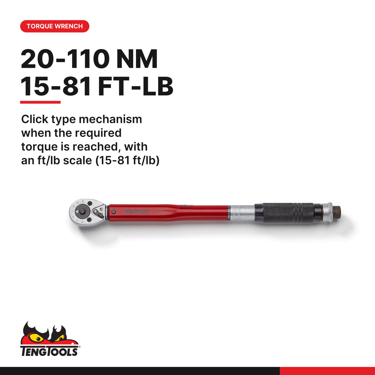 Teng Tools TTX3892 3/8" Torque Wrench Set 20-110 Nm TTX4 22 Pieces, click type mechanism when the required torque is reached,