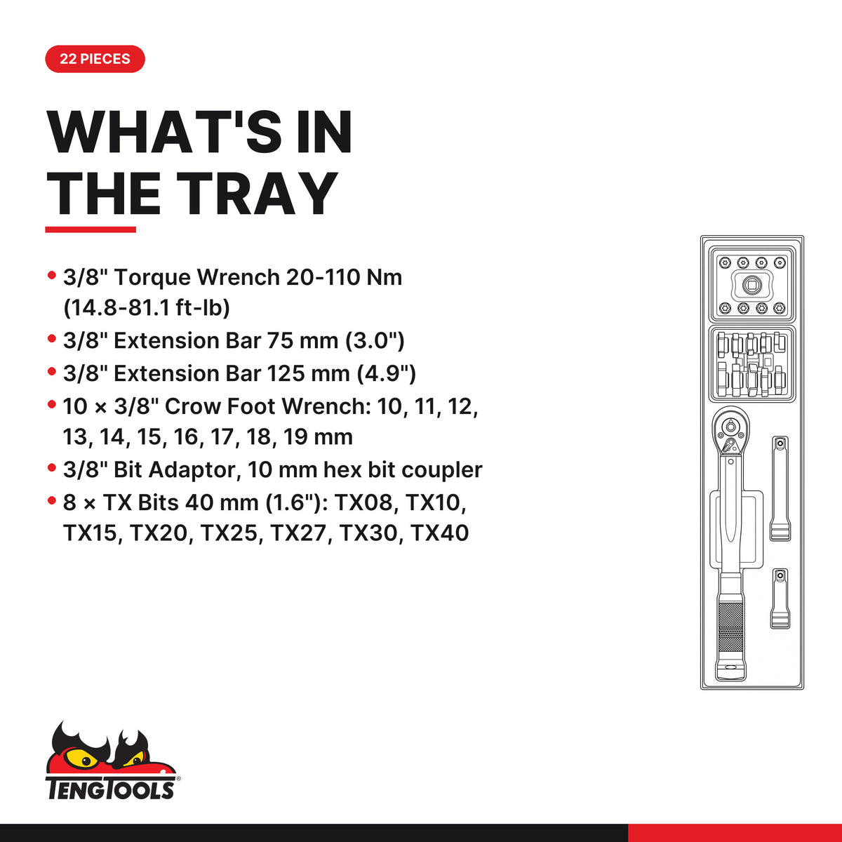 Teng Tools TTX3892 3/8" Torque Wrench Set 20-110 Nm TTX4 22 Pieces, what's in the tray