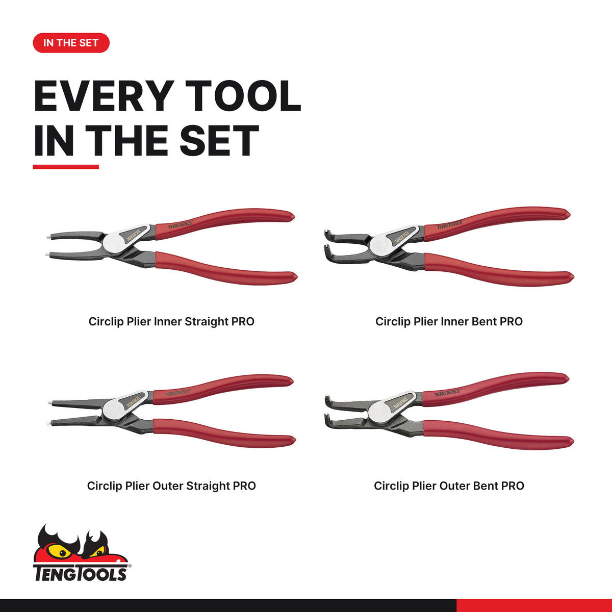 Teng Tools TTX474-9E Circlip Plier Set PRO 40-100 mm TTX4 4 Pieces, every tool in the set