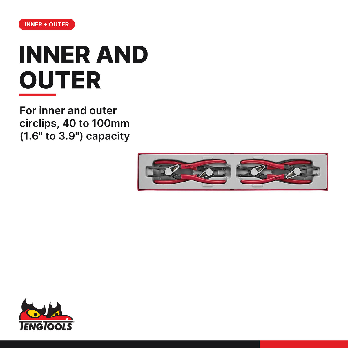 Teng Tools TTX474-9E Circlip Plier Set PRO 40-100 mm TTX4 4 Pieces, for inner and outer circlips, 40 to 100mm (1.6" to 3.9") 