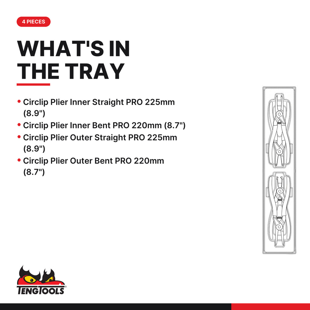 Teng Tools TTX474-9E Circlip Plier Set PRO 40-100 mm TTX4 4 Pieces, what's in the tray