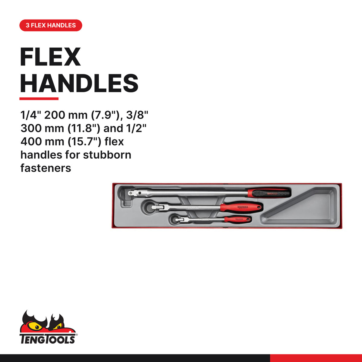 Teng Tools TTXBR03 3-Piece Flex Handle Breaker Bar Set, 1/4" 200 mm (7.9"), 3/8" 300 mm (11.8") and 1/2" 400 mm (15.7") flex