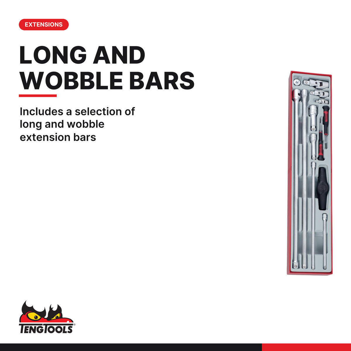 Teng Tools TTXEXT13 Extension Bars Set TTX4 13 Pieces, includes a selection of long and wobble extension bars