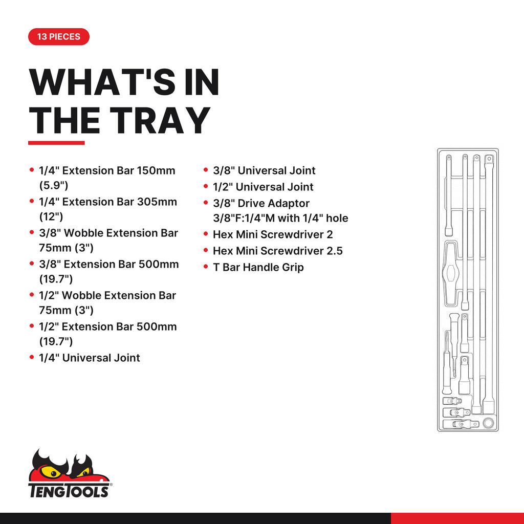 Teng Tools TTXEXT13 Extension Bars Set TTX4 13 Pieces, what's in the tray