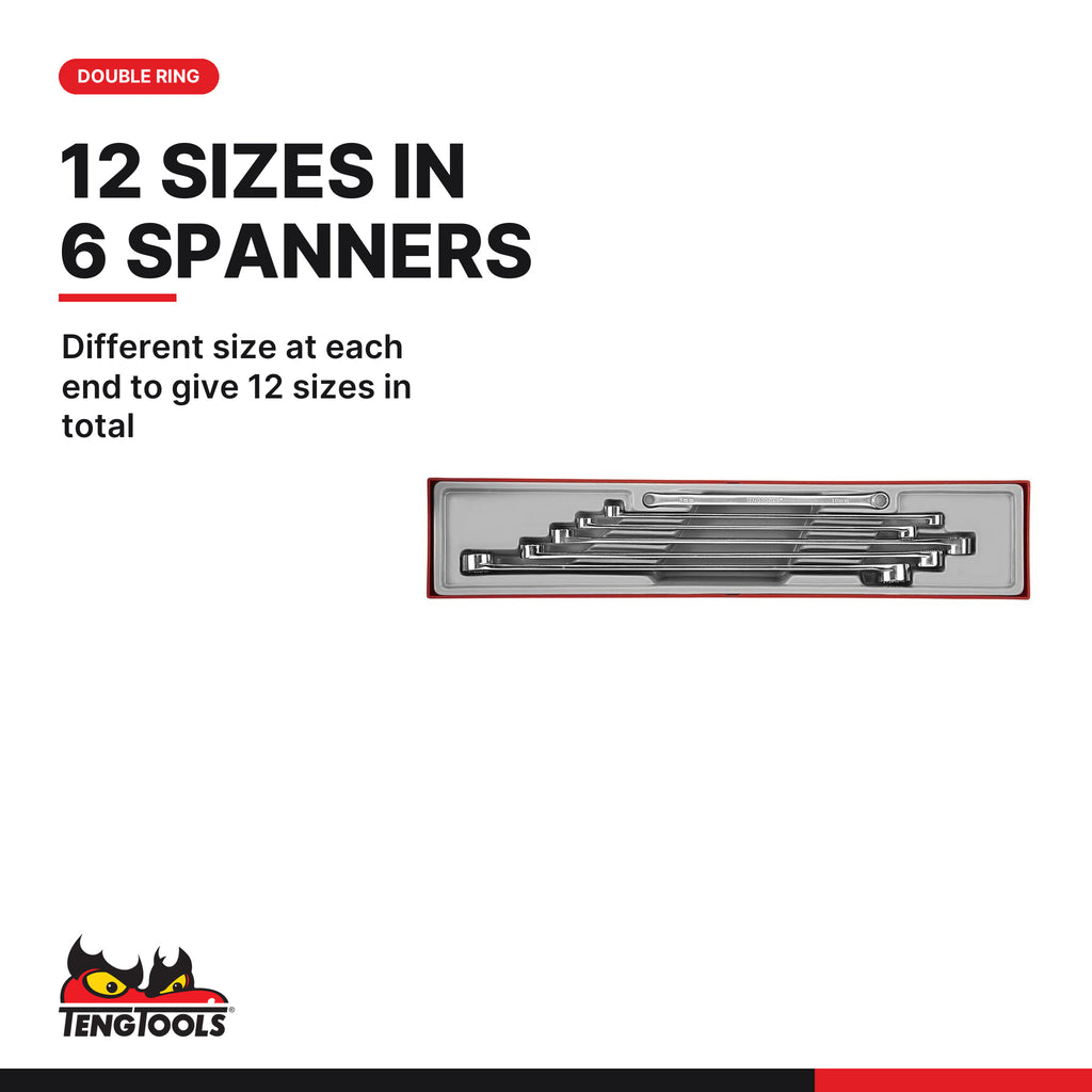 Teng Tools TTXFLS06 Long Double Ring Spanner Set TTX4 6 Pieces, different size at each end to give 12 sizes in total