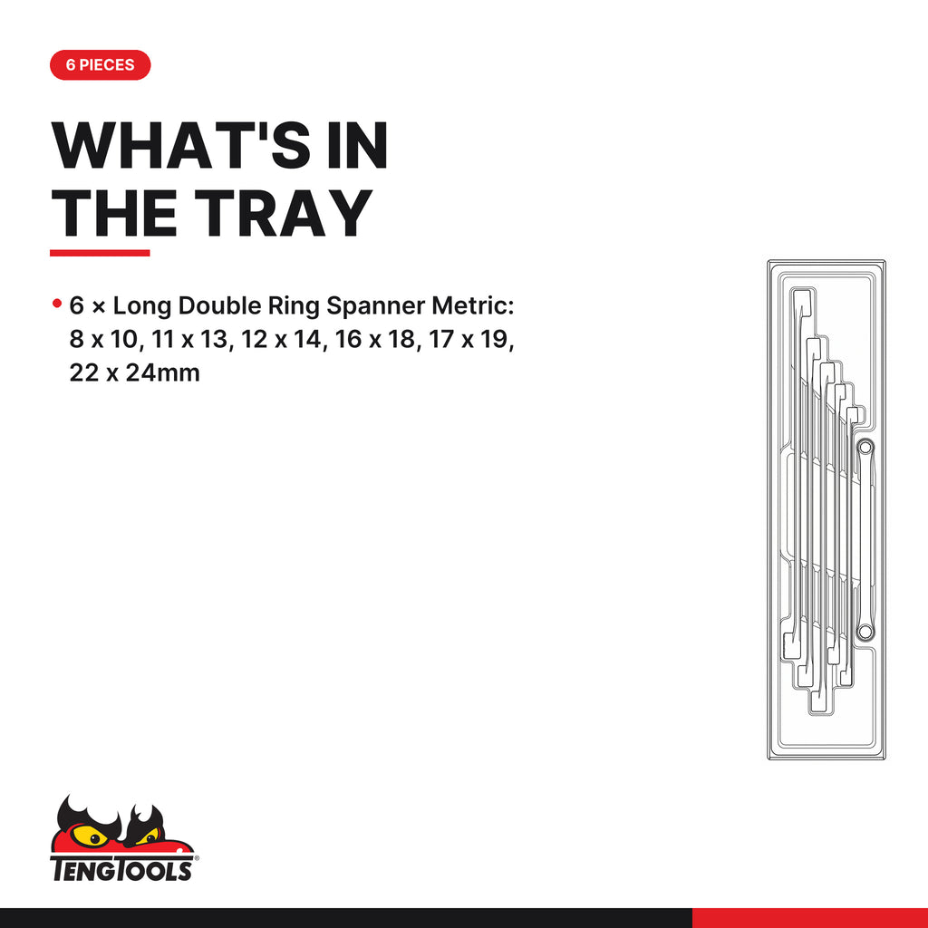 Teng Tools TTXFLS06 Long Double Ring Spanner Set TTX4 6 Pieces, what's in the tray