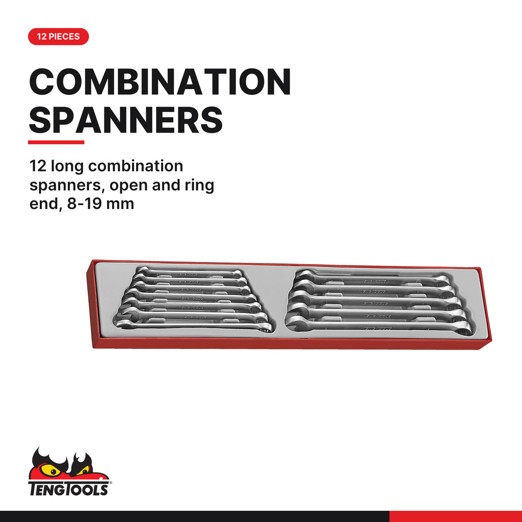 Teng Tools TTXLMP12 12 Piece Long Combination Spanner Wrench Set, 12 long combination spanners, open and ring end, 8-19 mm