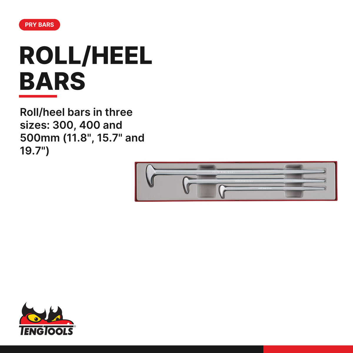 Teng Tools TTXPB3 Pry Bar Set Roll/Heel TTX4 3 Pieces, roll/heel bars in three sizes: 300, 400 and 500mm (11.8", 15.7" and 19