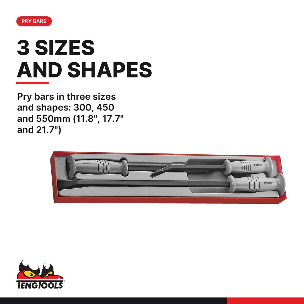 Teng Tools TTXPB3A Pry Bar Set TTX4 3 Pieces, pry bars in three sizes and shapes: 300, 450 and 550mm (11.8", 17.7" and 21.7")