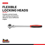 Teng Tools TTXRF03 3-Piece 1/4, 3/8, 1/2 Drive Ratchet Wrench Set, flexible ratchet heads with locking mechanism allow