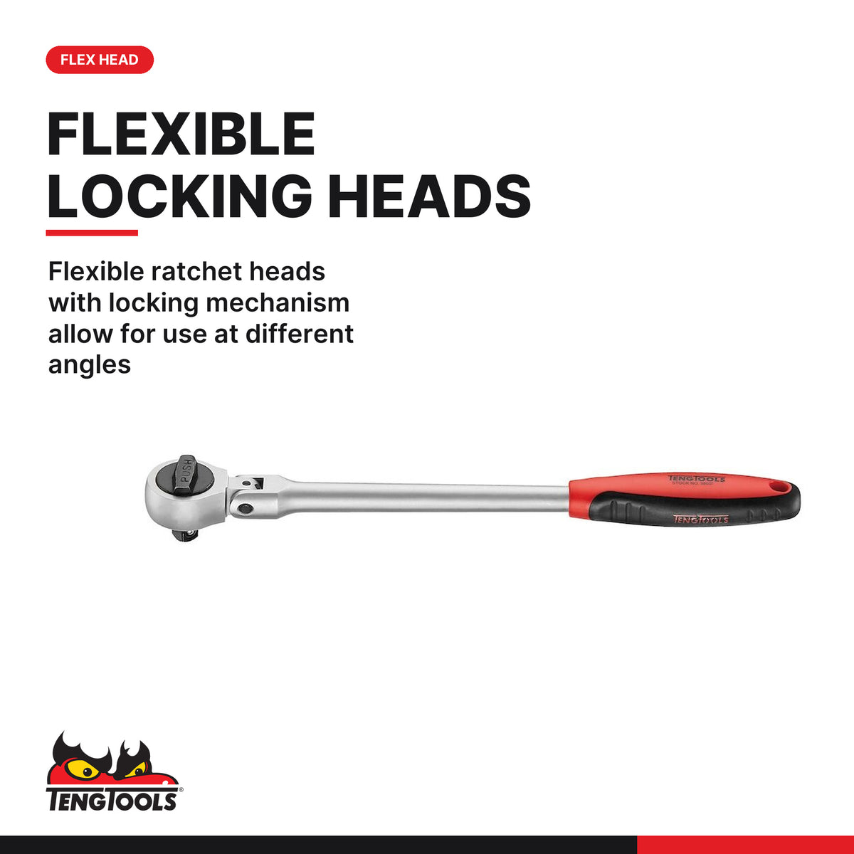 Teng Tools TTXRF03 3-Piece 1/4, 3/8, 1/2 Drive Ratchet Wrench Set, flexible ratchet heads with locking mechanism allow