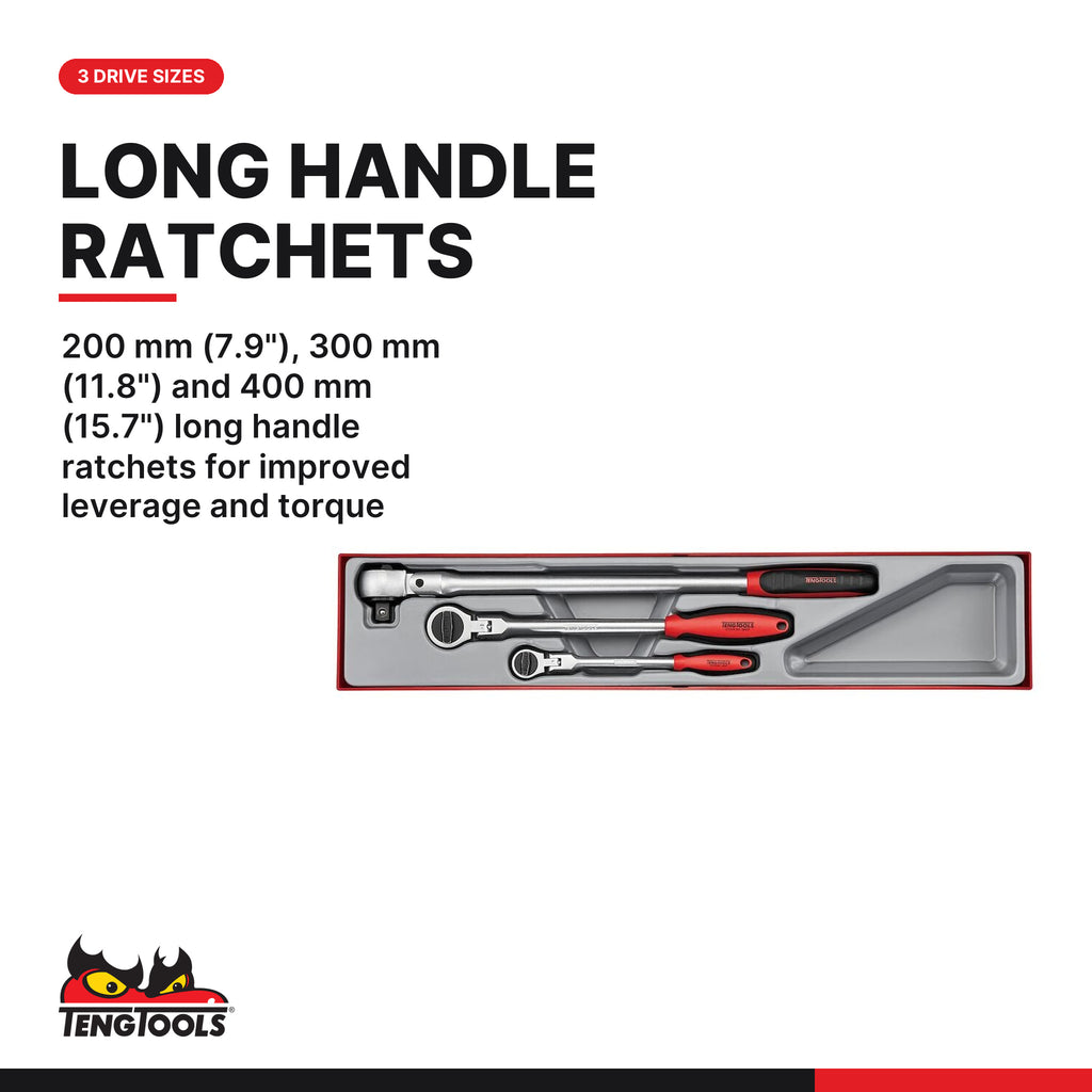 Teng Tools TTXRF03 3-Piece 1/4, 3/8, 1/2 Drive Ratchet Wrench Set, 200 mm (7.9"), 300 mm (11.8") and 400 mm (15.7")