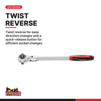 Teng Tools TTXRF03 3-Piece 1/4, 3/8, 1/2 Drive Ratchet Wrench Set, twist reverse for easy direction changes and a