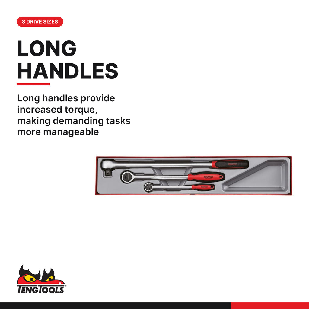 Teng Tools TTXRL03 3 Piece Long Arm Ratchet Set, long handles provide increased torque, making demanding tasks more