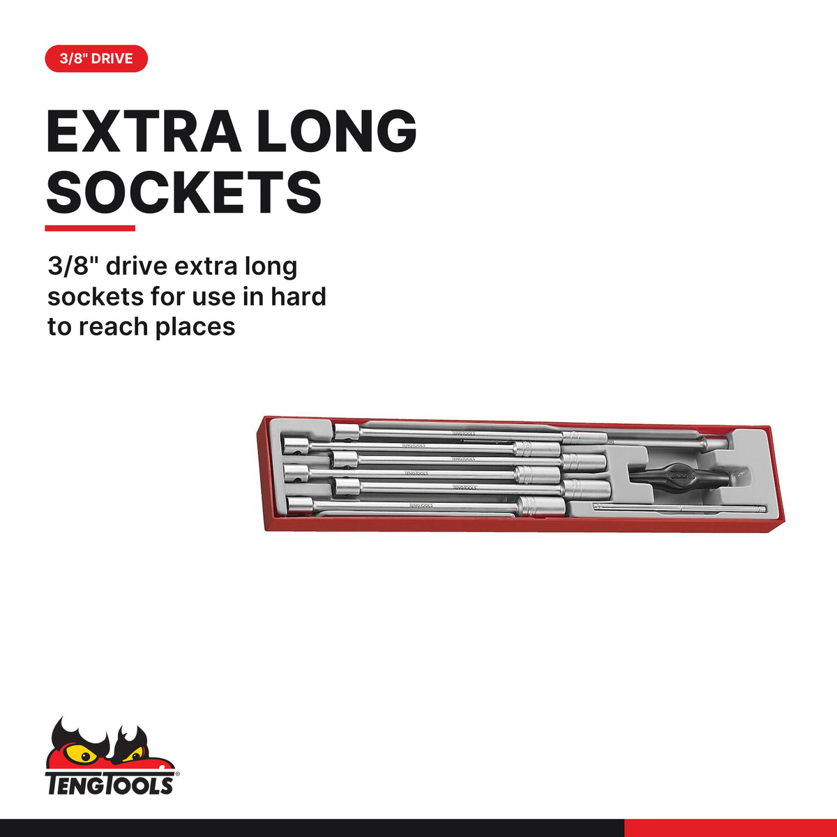 Teng Tools TTXTB09 3/8 Drive Long T-Bar Deep Socket Set, 3/8" drive extra long sockets for use in hard to reach places