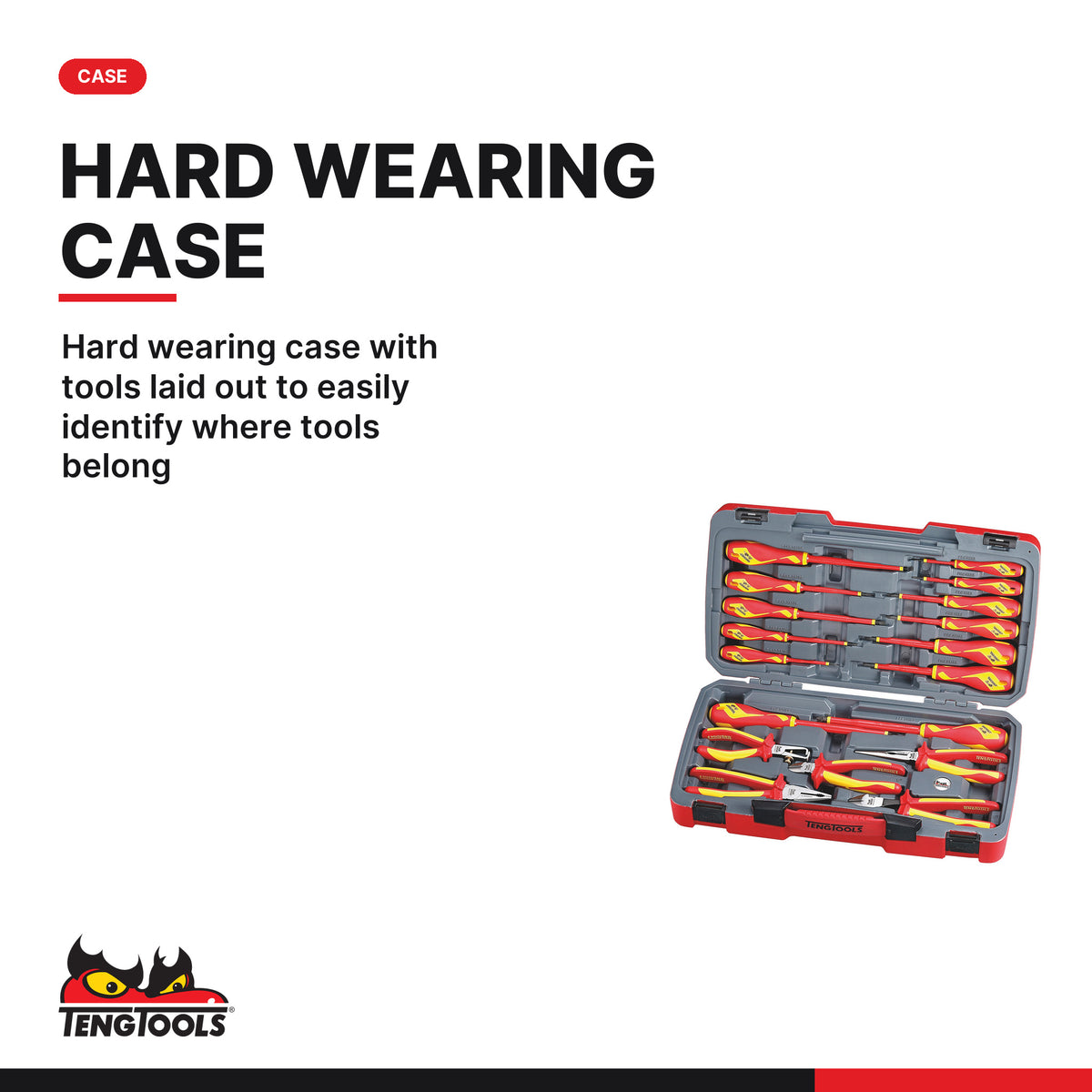 Teng Tools TV18N MECCA PRO Insulated Screwdriver & Plier Set 18 Pieces, hard wearing case with tools laid out to easily ident