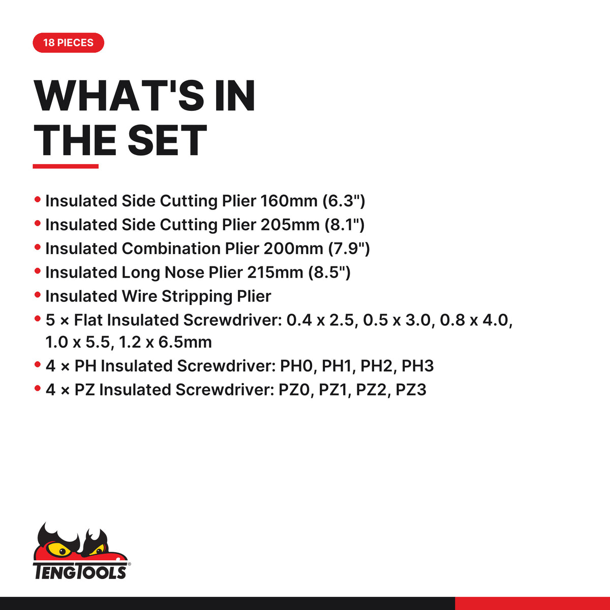 Teng Tools TV18N MECCA PRO Insulated Screwdriver & Plier Set 18 Pieces, what's in the tray