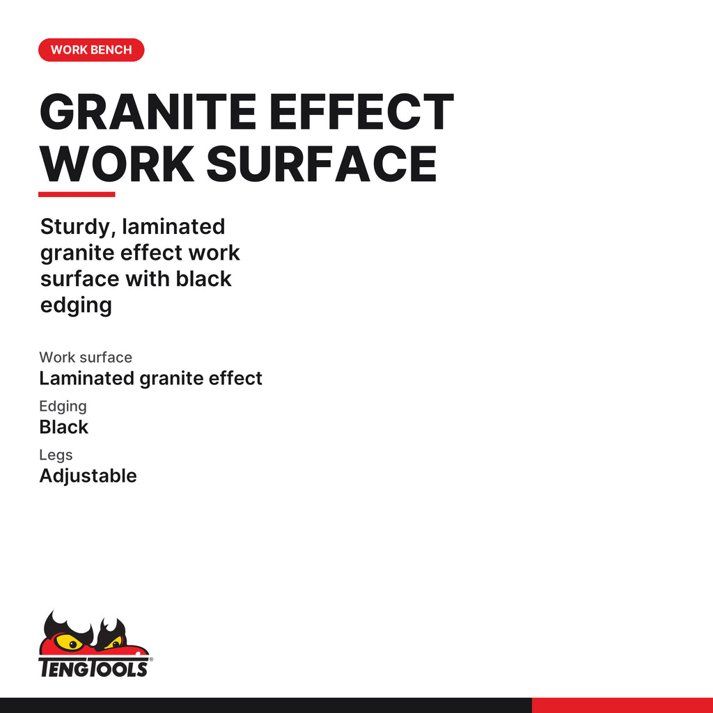 Teng Tools TWB2000 2000 mm Garage Workbench with Black Top and Red Frame, sturdy, laminated granite effect work surface with