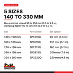 Teng Tools two arm quick action puller, 140 x 100 to 330 x 200 mm, five sizes 140 x 100 mm to 330 x 200 mm, part numbers