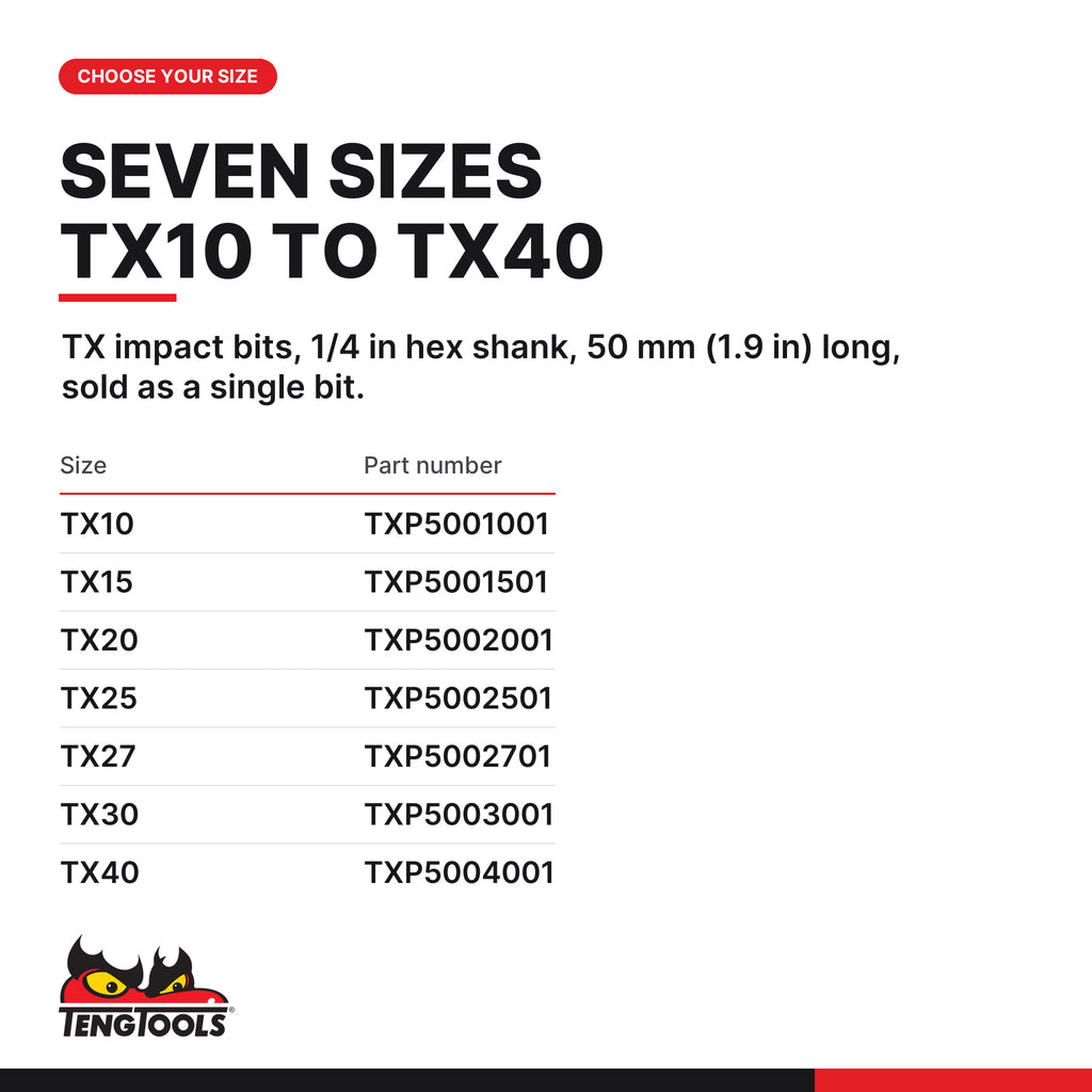 Teng Tools TX impact bits with 1/4 in hex shank, 50 mm (1.9 in), TX10 to TX40, seven sizes TX10 to TX40, part numbers