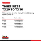 Teng Tools TX impact bits with 1/4 in hex shank, 89 mm (3.5 in), TX20 to TX30, three sizes TX20 to TX30, part numbers