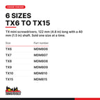 Teng Tools TX mini screwdriver, TX6 to TX15, six sizes TX6 to TX15, part numbers MDM806 to MDM815