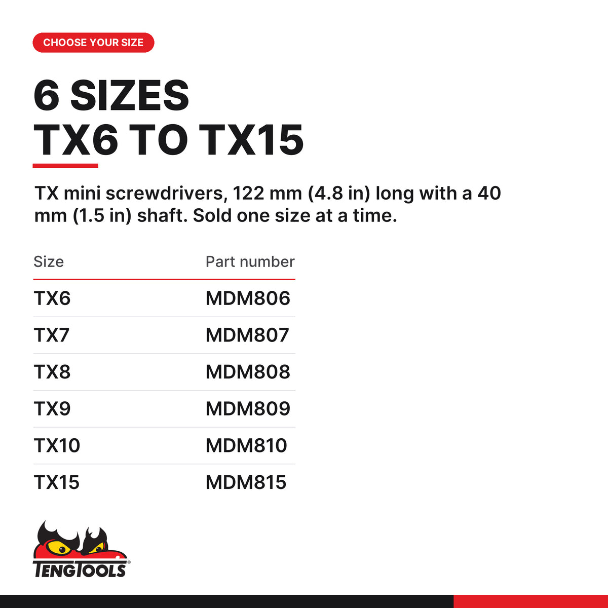 Teng Tools TX mini screwdriver, TX6 to TX15, six sizes TX6 to TX15, part numbers MDM806 to MDM815