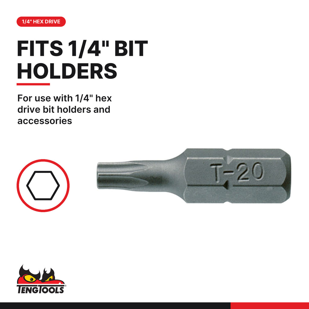 Teng Tools TX2500703 1/4 Inch Hex Shank Torx Bit 25 mm Long, for use with 1/4" hex drive bit holders and accessories