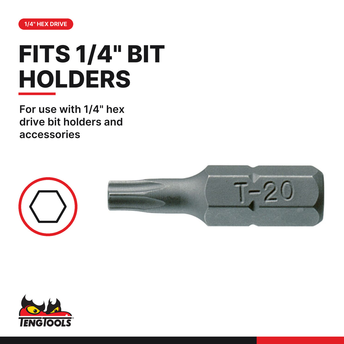 Teng Tools TX2500703 1/4 Inch Hex Shank Torx Bit 25 mm Long, for use with 1/4" hex drive bit holders and accessories