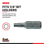 Teng Tools TX2501003 1/4 Inch Hex Shank Torx Bit 25 mm Long, for use with 1/4" hex drive bit holders and accessories