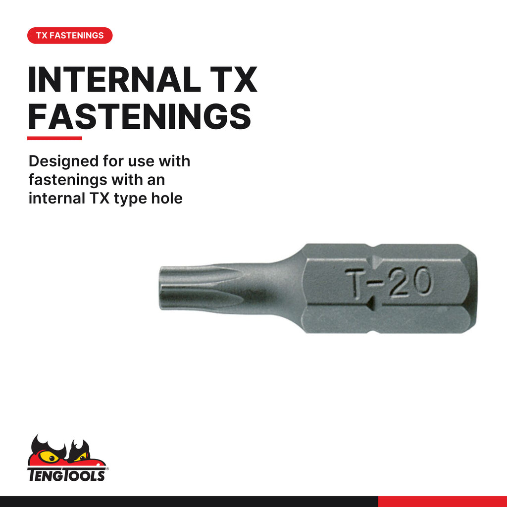 Teng Tools TX2504003 1/4 Inch Hex Shank Torx Bit 25 mm Long, designed for use with fastenings with an internal TX type hole