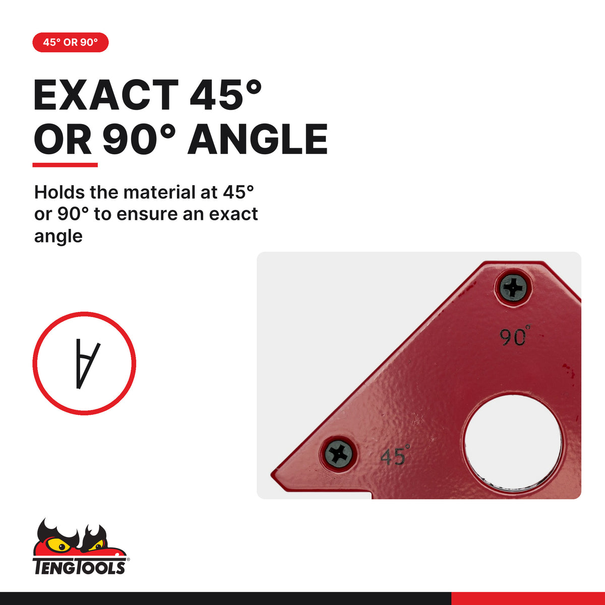 Teng Tools welding magnet, 75 and 90 mm, holds the material at 45 or 90 degrees