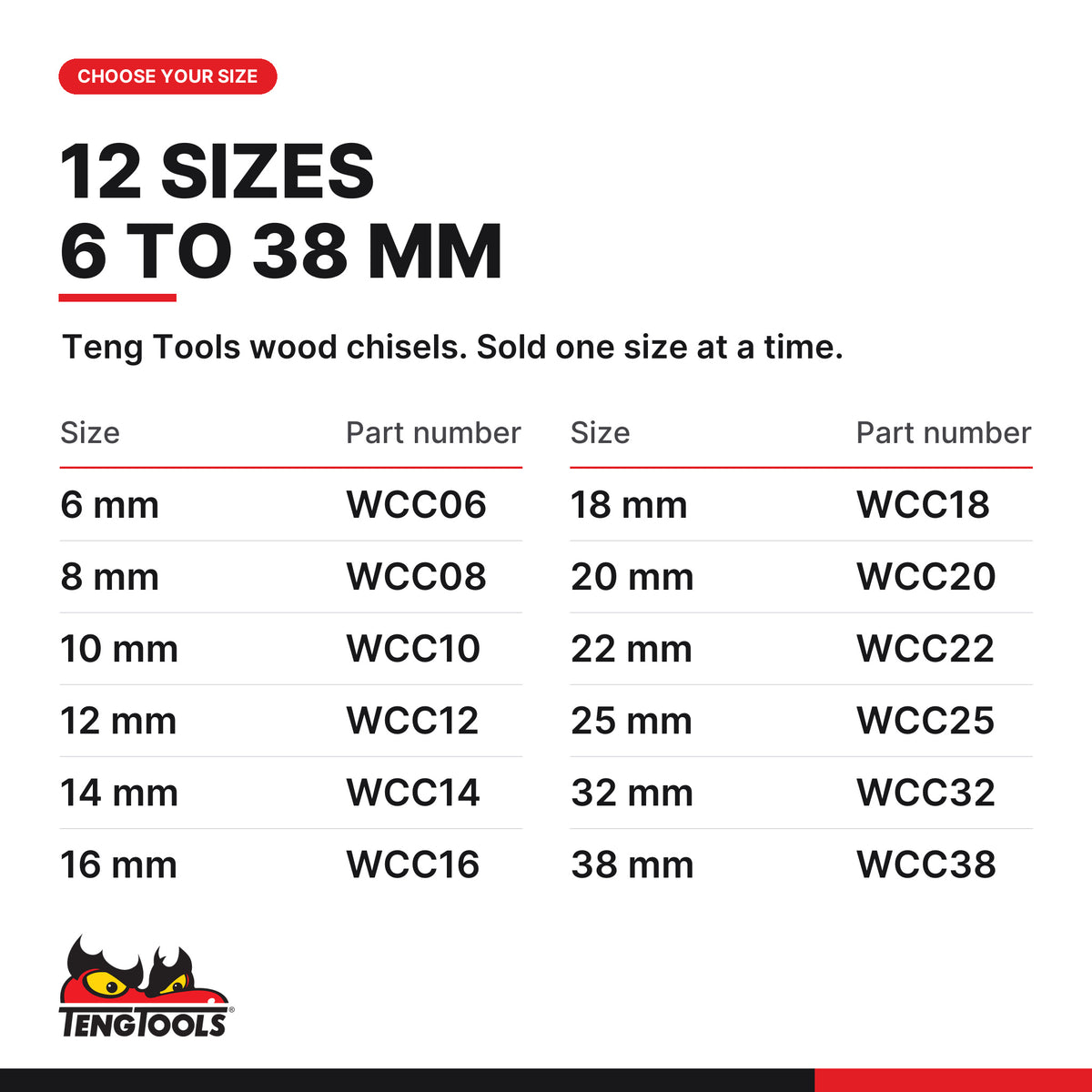 Teng Tools wood chisel, 6 to 38 mm, twelve sizes 6 mm to 38 mm, part numbers WCC06 to WCC38