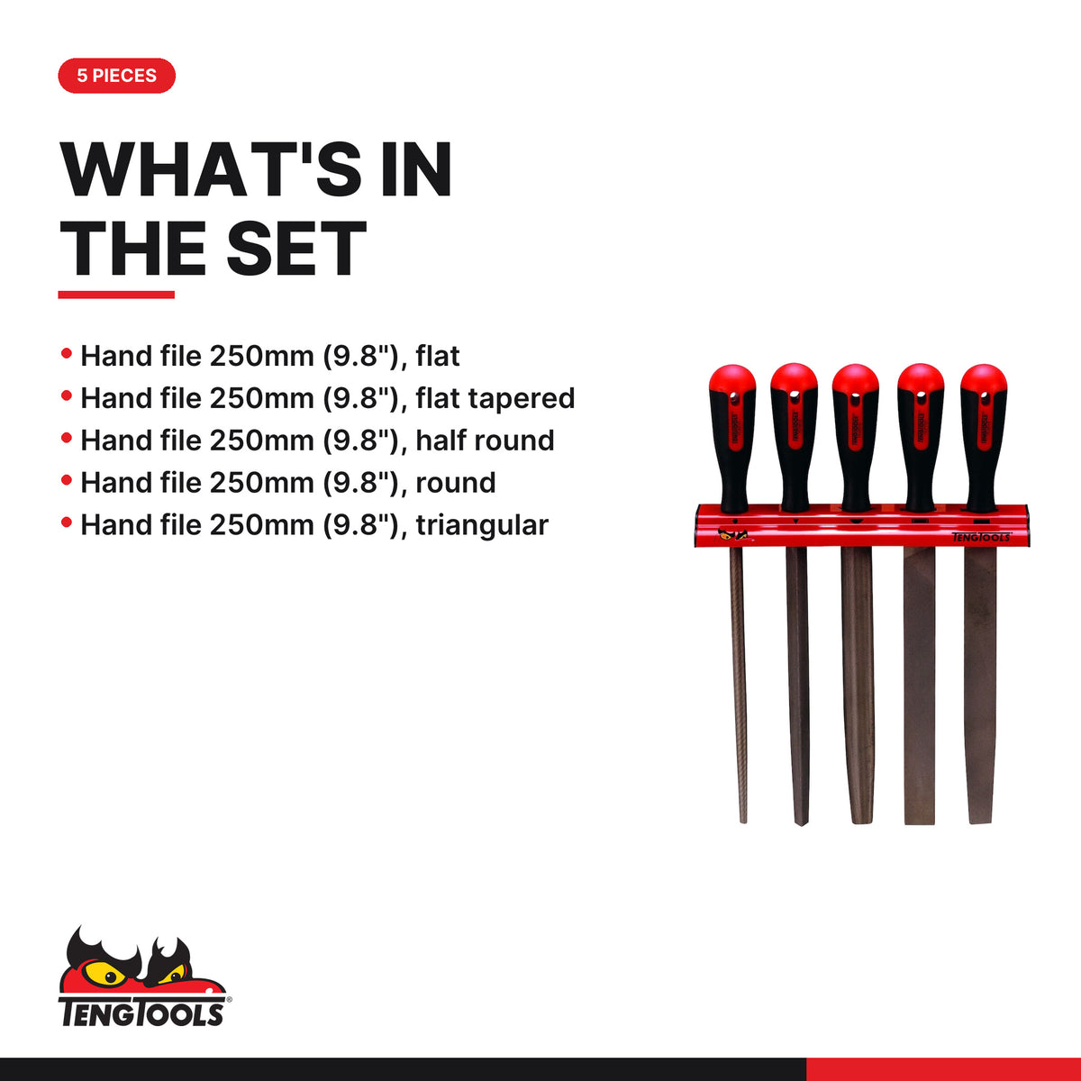 Teng Tools WRFL05 Hand File Set Wall Rack 5 Pieces, what's in the set