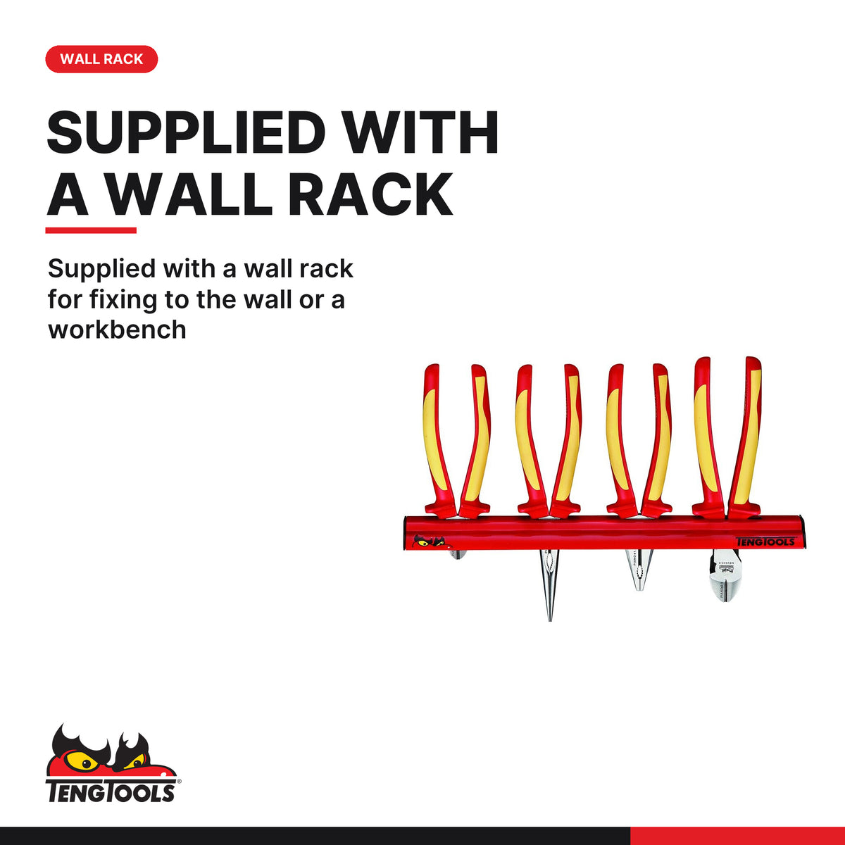 Teng Tools WRMBV04 Insulated Plier Set Wall Rack 4 Pieces, supplied with a wall rack for fixing to the wall or a workbench